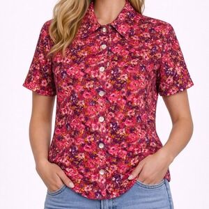 Peaces USA Floral Button Up Shirt M Heavy Cotton Pink Made in USA Cottagecore
